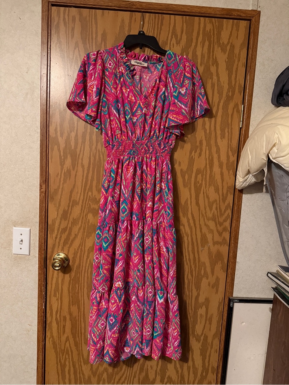 Vibrant Pink Patterned Maxi Dress with Smocked Waist